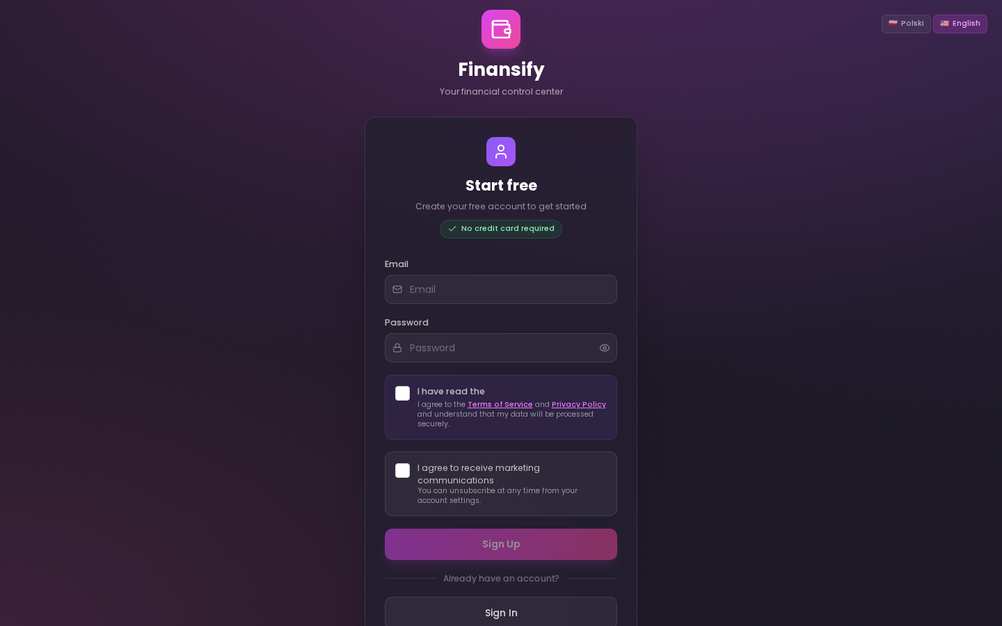 Registration form with email and password fields, "Sign up" button at the bottom
