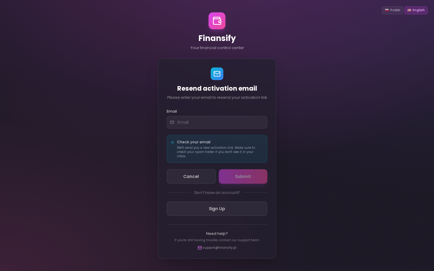 "Resend activation email" page with an email field