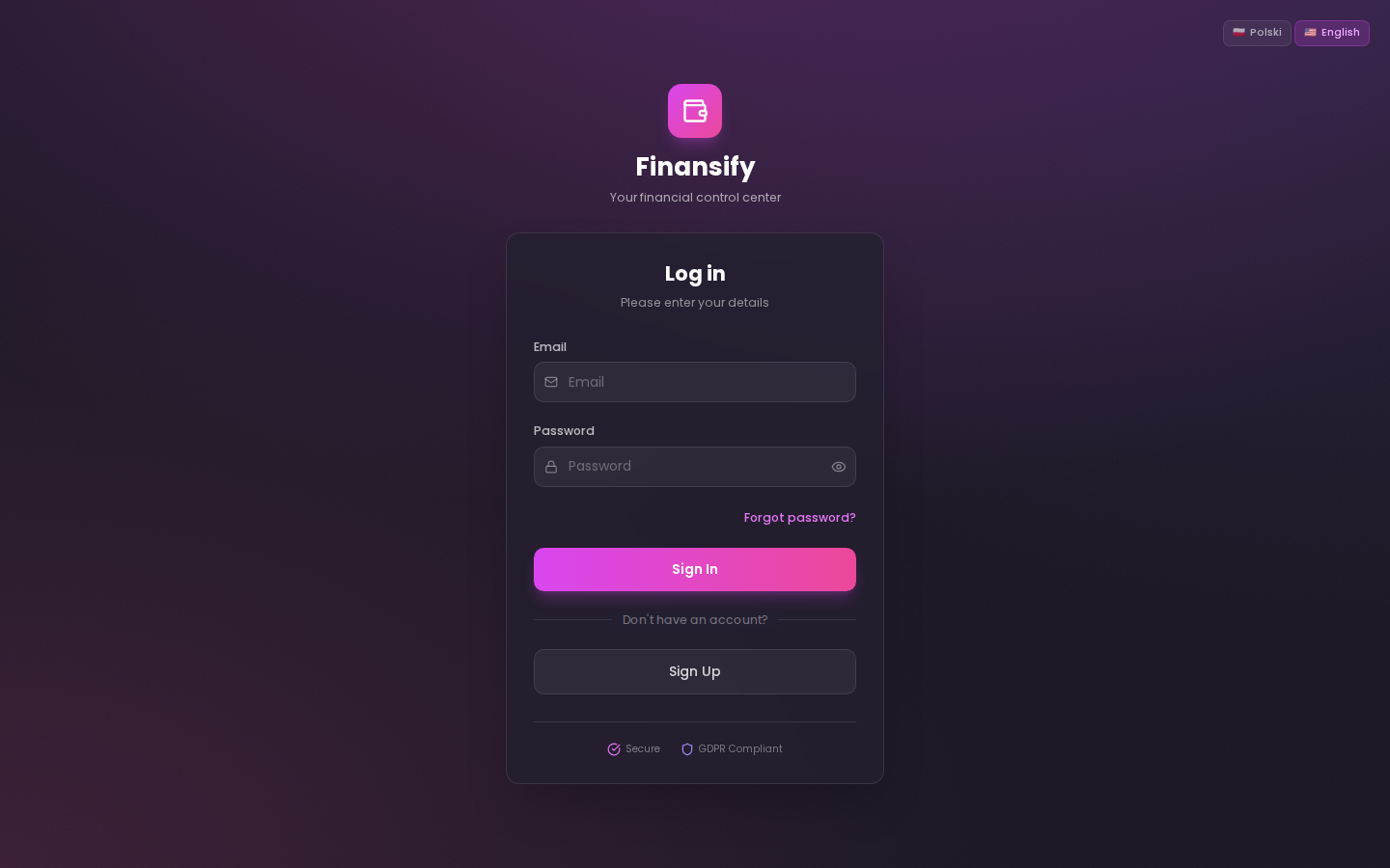 Login form with email, password fields and "Log in" button