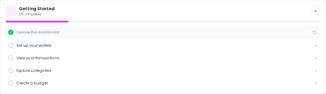 Onboarding checklist widget on the Dashboard — 3 of 5 steps completed, progress bar, "Continue" button