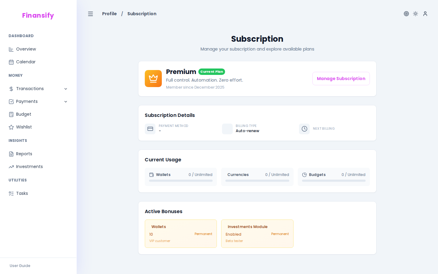 Subscription page with Free and Premium plan comparison, "Upgrade to Premium" button