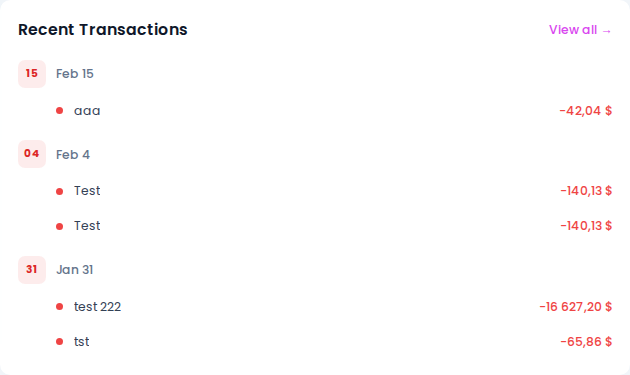 "Recent transactions" widget — list of 5 transactions with names, amounts, and dates
