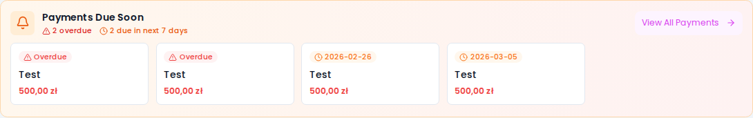 "Upcoming payments" banner — list of payments with names, amounts, and due dates