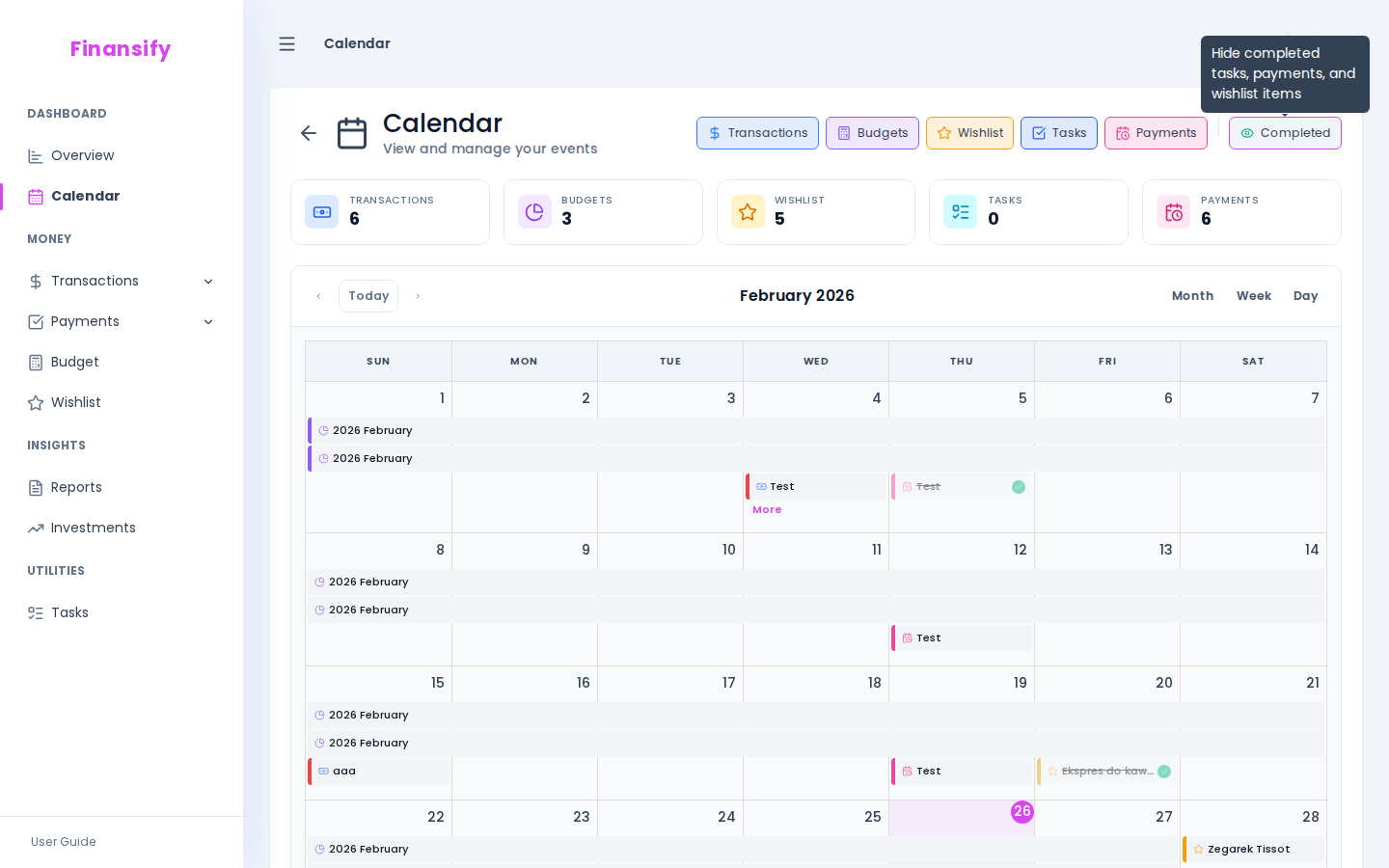 Monthly calendar view — colored markers on various days, color legend at the bottom/side