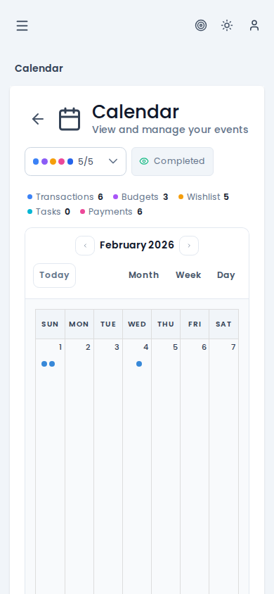 Calendar view on mobile — month view with colored dots, popup with event list after clicking a day