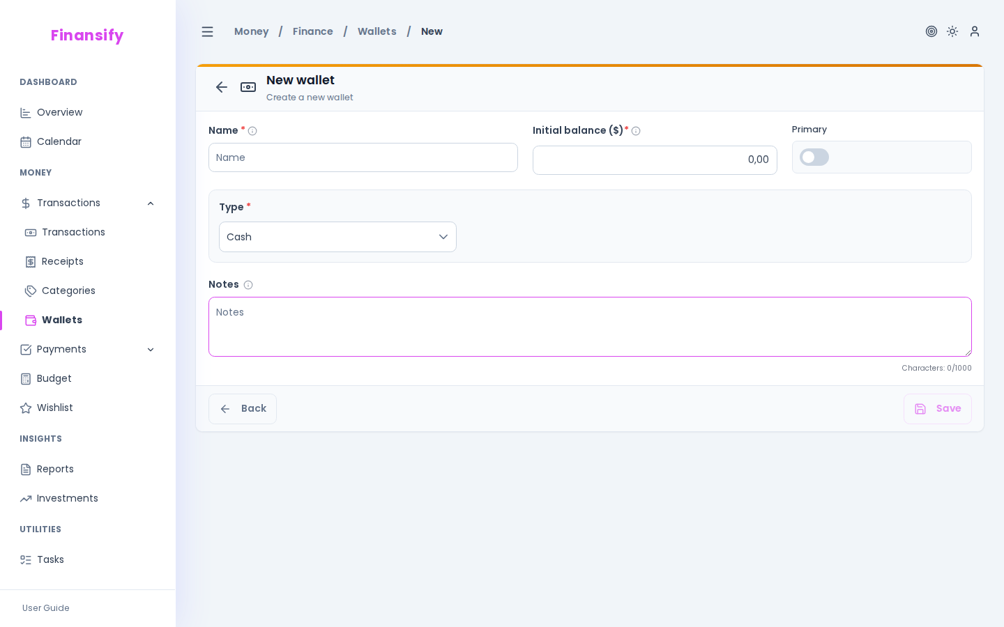 New wallet form — fields: name, initial balance, "Primary wallet" toggle, type selection, bank dropdown, IBAN field