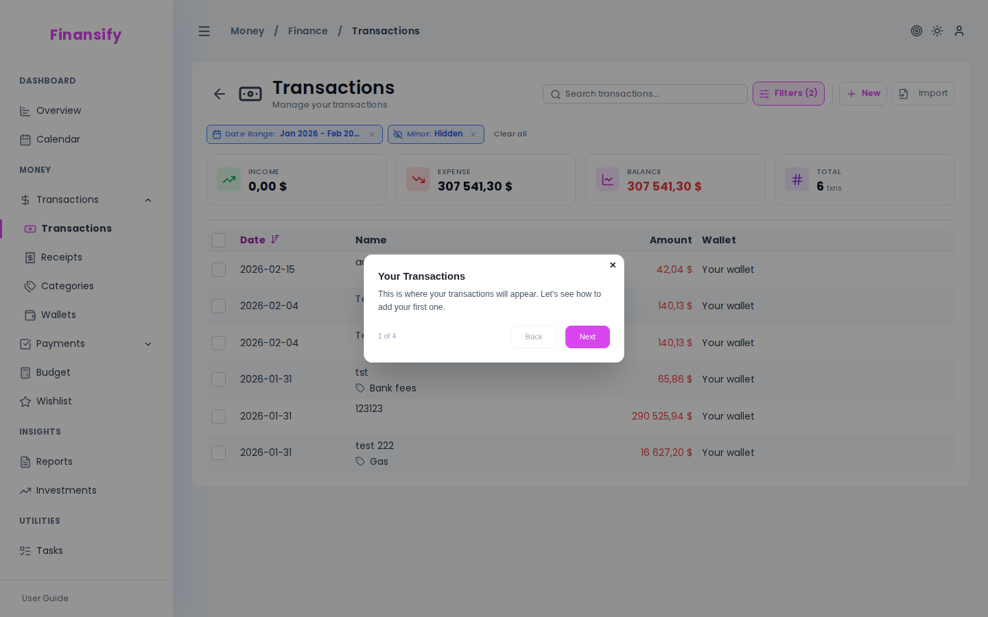 Transaction list on desktop — table with columns: date, name+category, amount, wallet, actions. Filter bar at the top, summary statistics