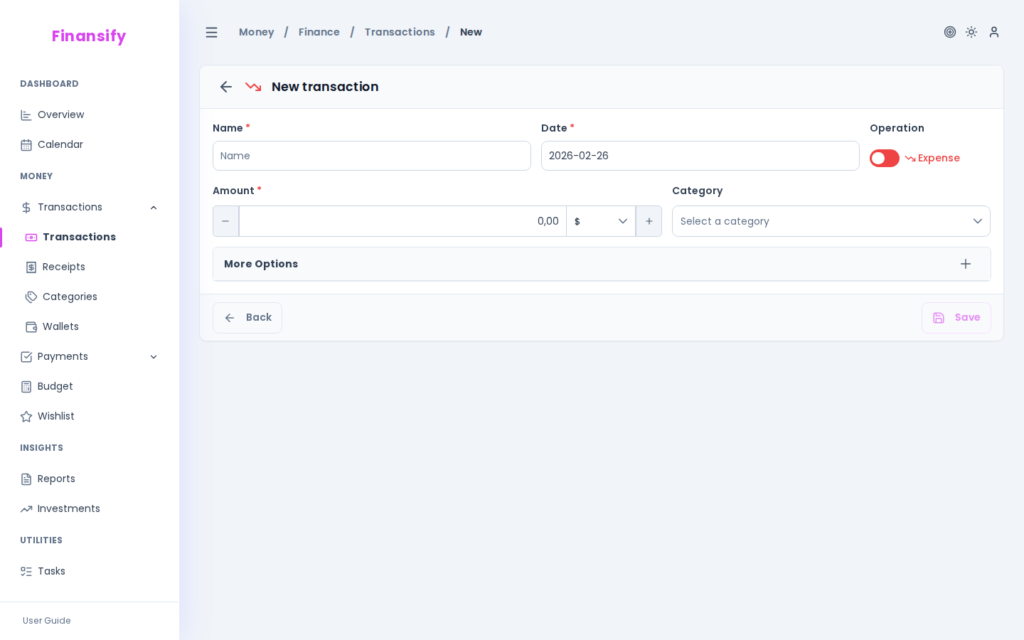 New transaction form — fields: name, date with picker, expense/income toggle, amount with +/-50 buttons and currency selection, category dropdown