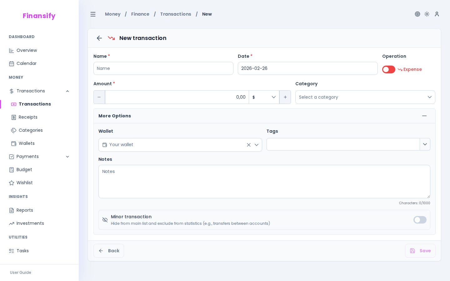 Expanded "More options" section — wallet field, tags with colored chips, notes field, "Minor transaction" toggle