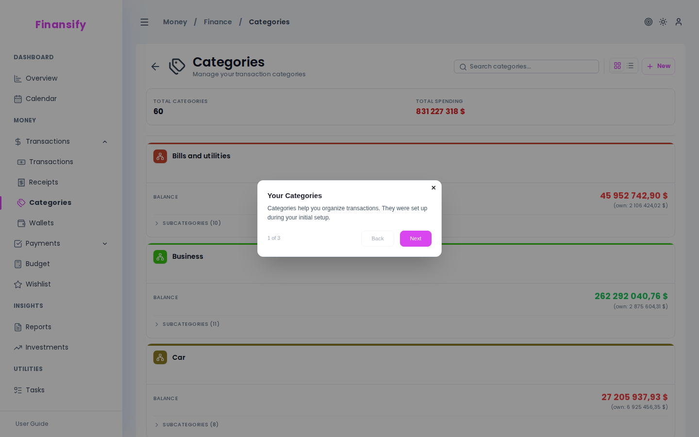 Category tree/table view — expanded tree with main categories and subcategories, icon colors, edit buttons
