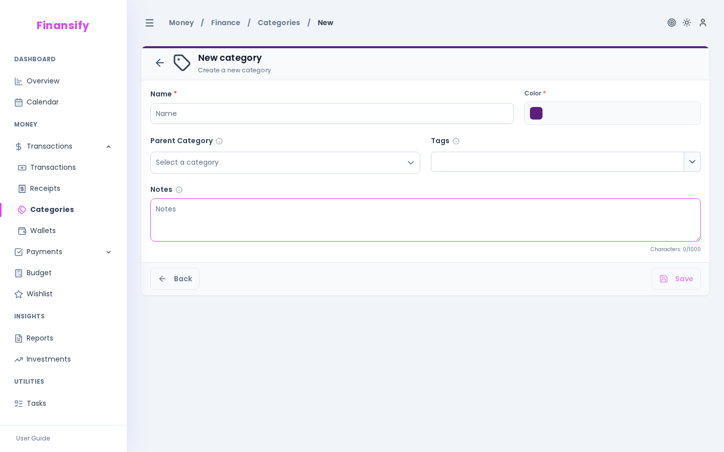 New category form — name field, color picker with color palette, "Parent category" dropdown