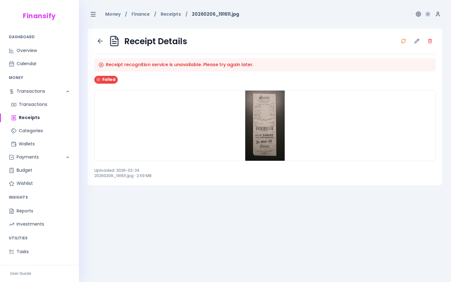 Receipt detail panel — "Match suggestions" section with a list of 1–2 matching transactions, "Link" button or "Create new transaction"