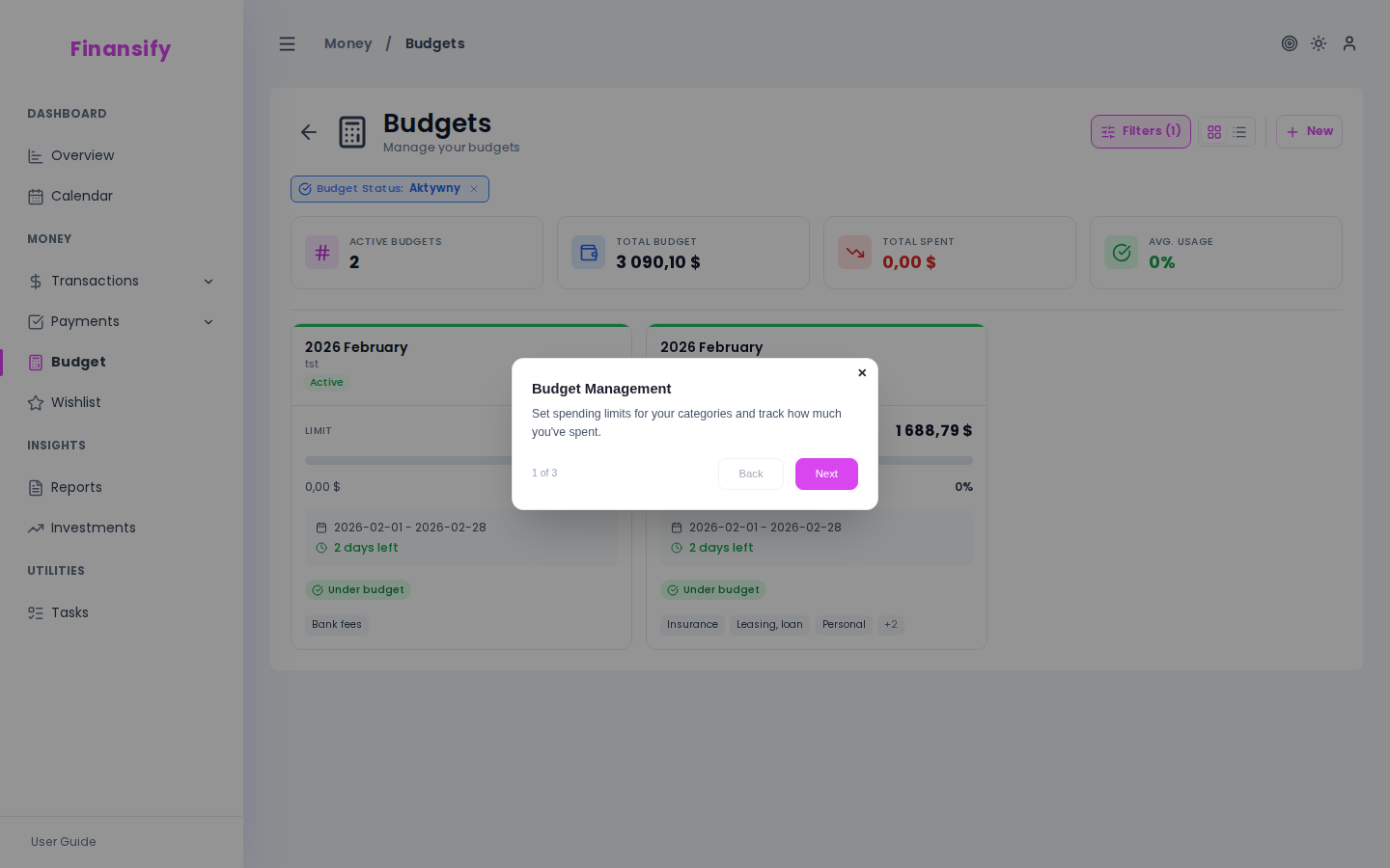 Budget list — 3 cards: one active with ~60% progress bar (green), one upcoming (blue), one ended (gray). Filter bar: status + year