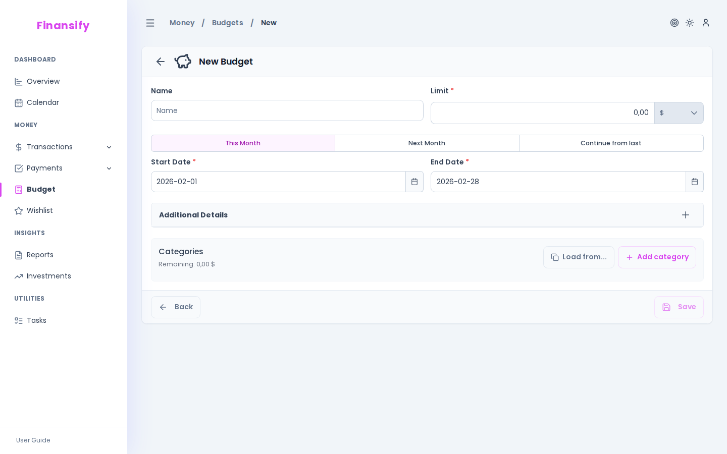 New budget form — name field, amount with currency, date presets "This month" / "Next month" / "Continue", start/end date pickers