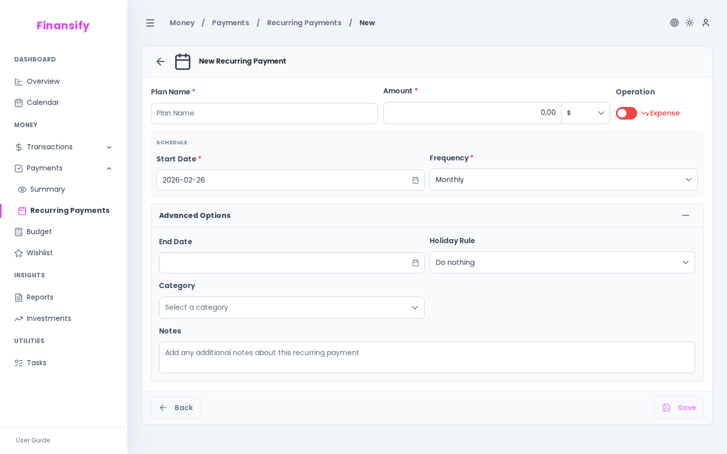 New recurring payment form — fields: name, amount, expense/income toggle, start date, frequency dropdown. Expanded advanced options: end date, holiday rule, category