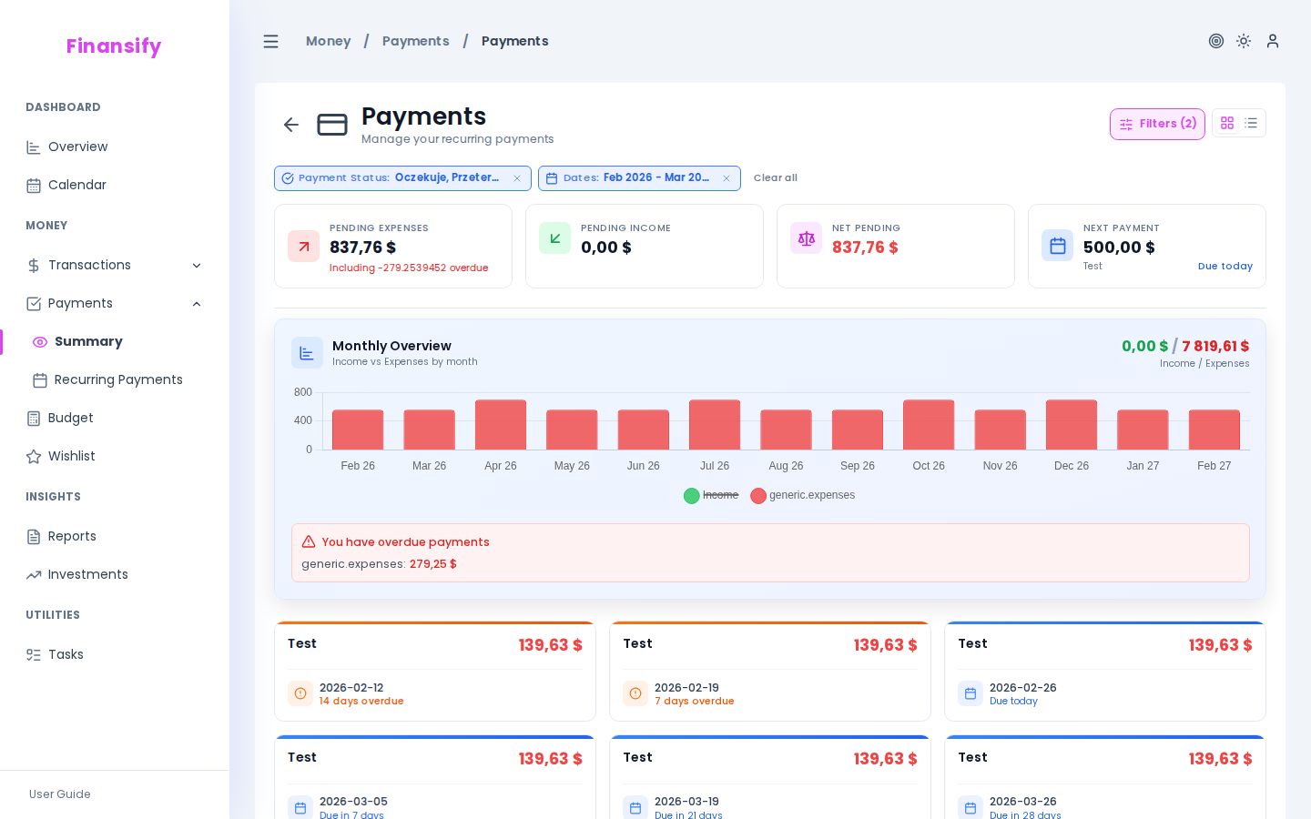Payment instance list — various statuses: pending with "in 5 days", overdue with warning "3 days past due", paid with checkmark