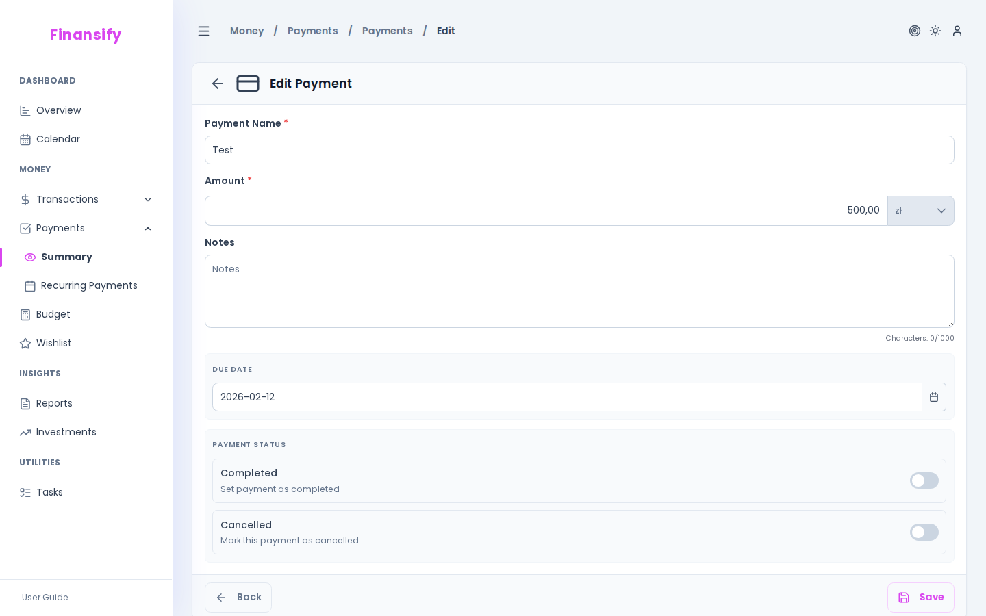 Payment edit form — "Paid" toggle enabled, transaction linking section: transaction search, "Create transaction" button