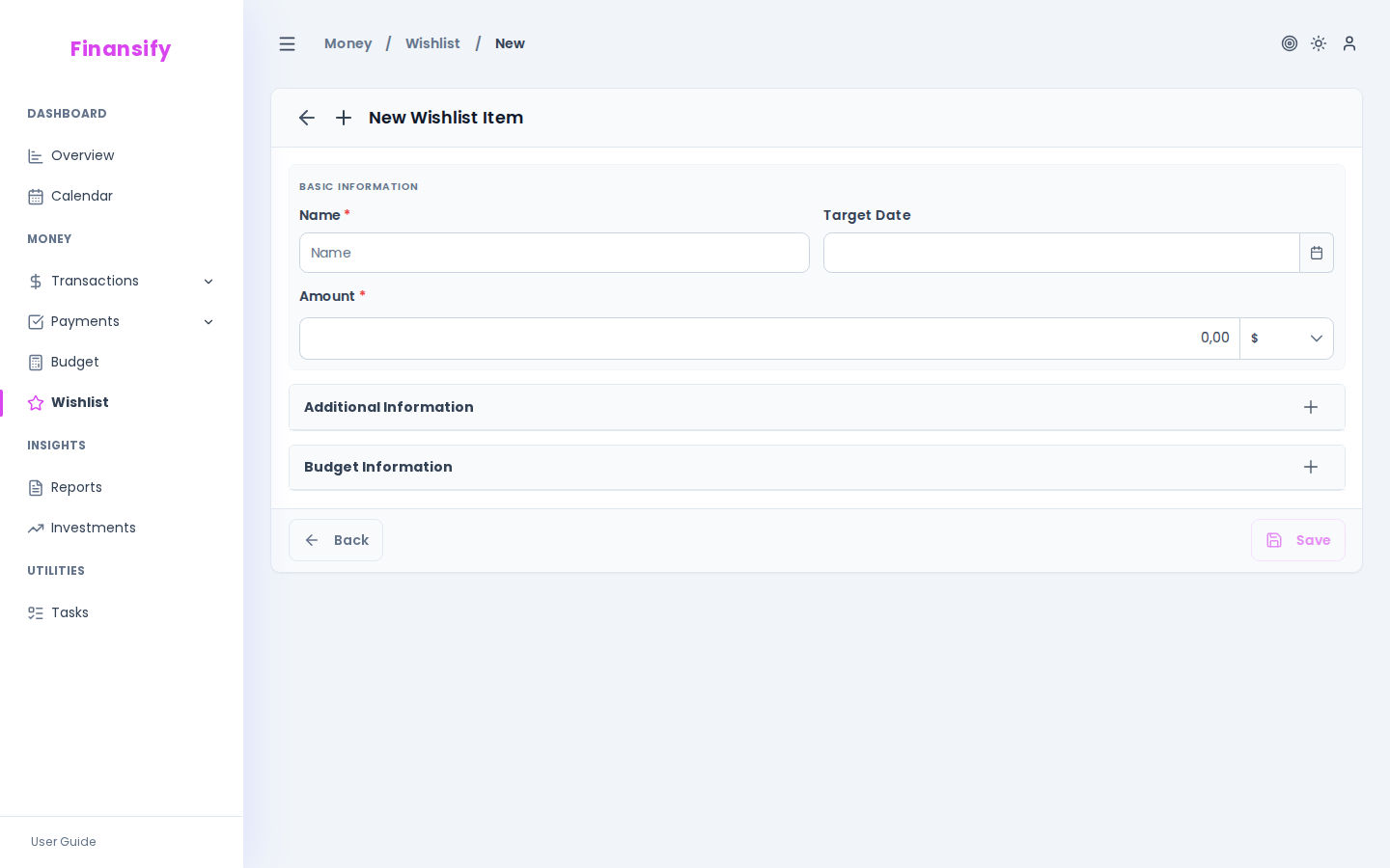 New wishlist item form — fields: name, amount with currency, date picker, budget dropdown, category dropdown, URL field, notes field