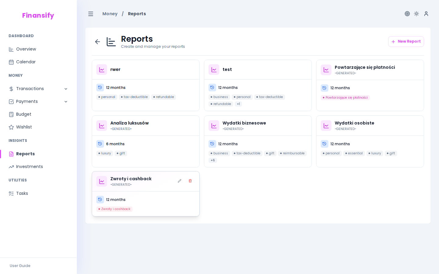 Report list — 2–3 cards: "Housing costs" (12 months, tags: rent, utilities, internet), "Eating out" (6 months, tags: restaurants, fast-food). "New report" button