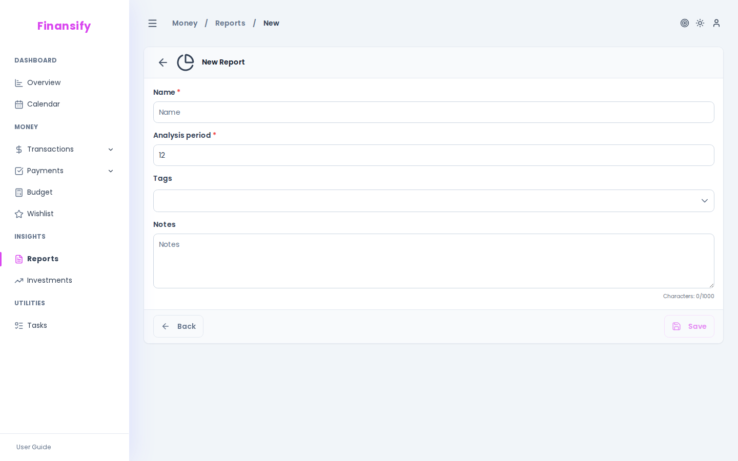 Report form — name field, notes, "Months back: 12" slider, tag groups section: 3 groups with colored tag chips, "Add group" button