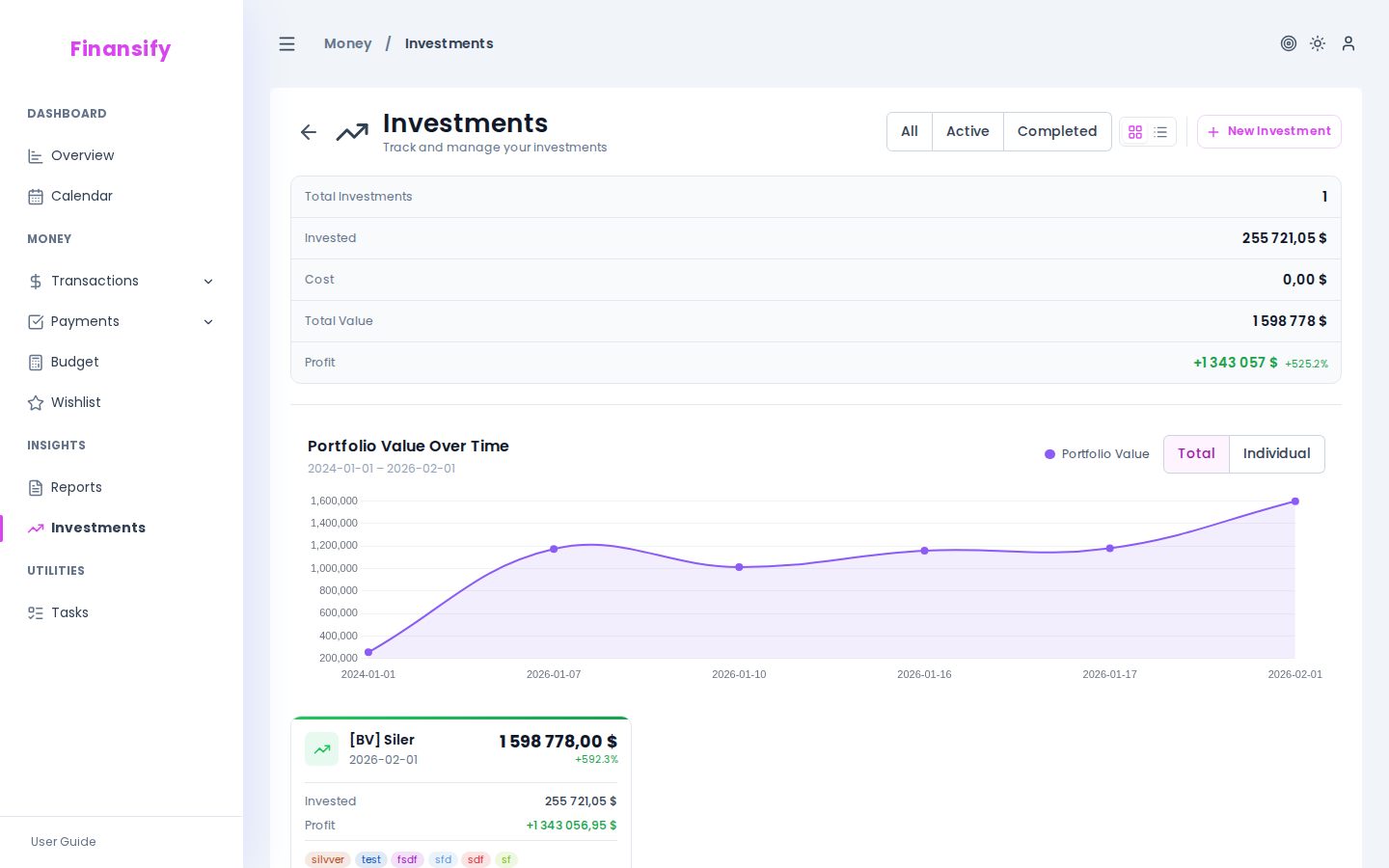 Investments page — side panel with summary (invested: 50,000 PLN, current value: 55,200 PLN, profit: +5,200 PLN / +10.4%), allocation chart, list of investment cards below