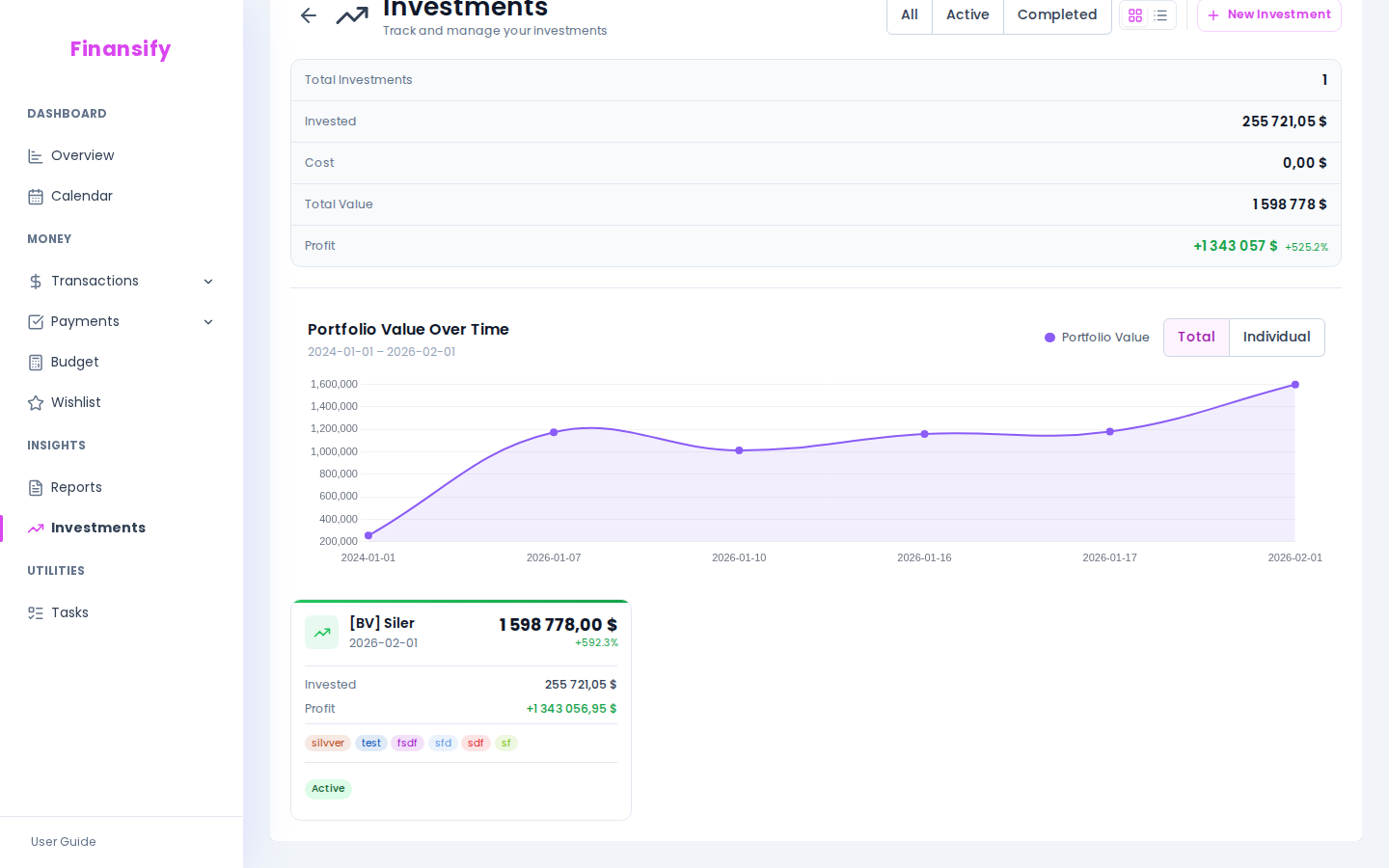 Investment cards — "PKO Deposit" (active, +1,200 PLN, +3.2%), "S&P 500 ETF" (active, +4,000 PLN, +15.7%), "Bonds" (closed, +500 PLN, +2.1%)