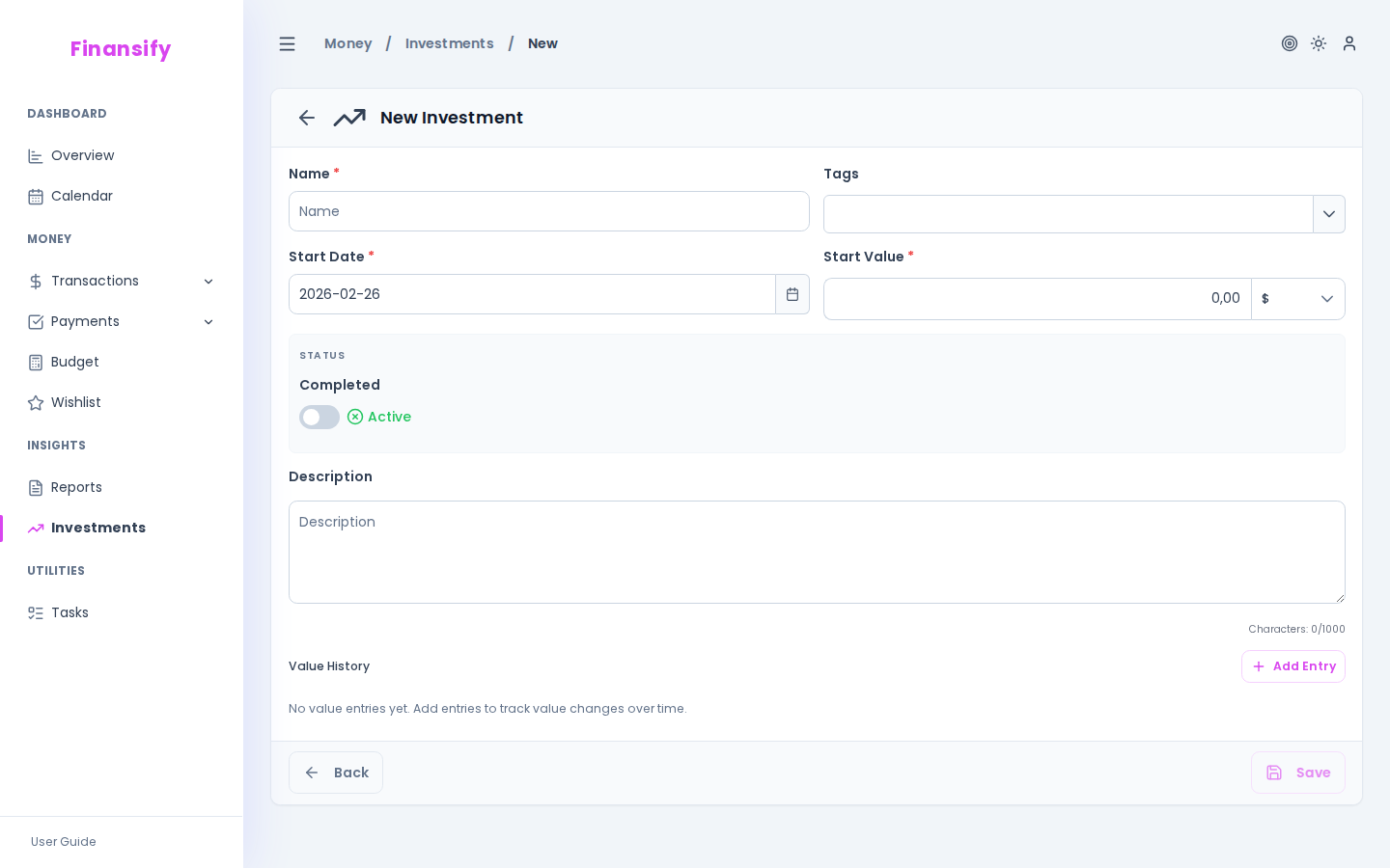 New investment form — fields: name, description, tags, currency, start date, initial value, cost field