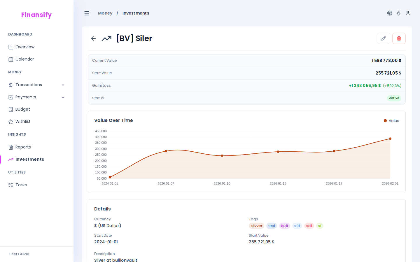 Investment details — value chart over time (line with data points), value entries table with dates and amounts, "Add value entry" button
