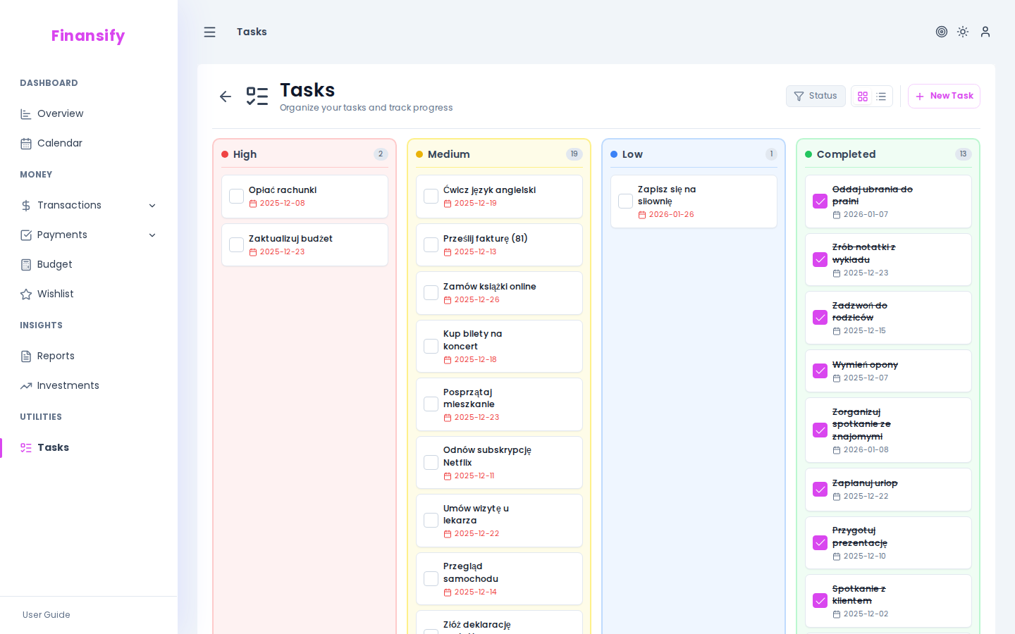 Task list view — table with 5 tasks, checkboxes, colored priorities (red = high, yellow = medium, green = low), one task crossed out (completed), one with a red date (overdue)