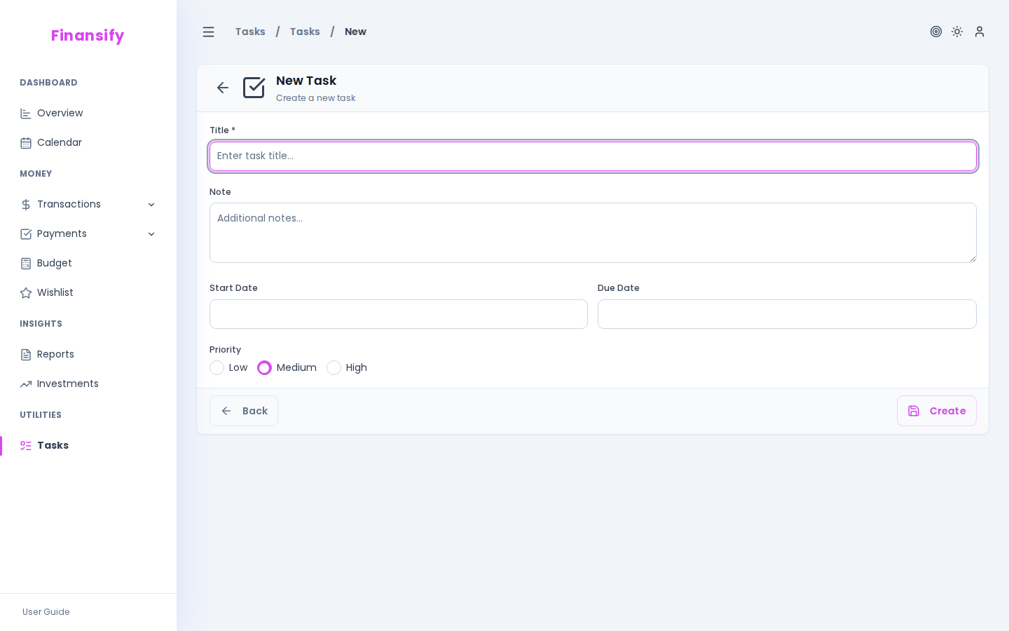 New task form — fields: title, description textarea, priority dropdown (High/Medium/Low), due date picker, group dropdown