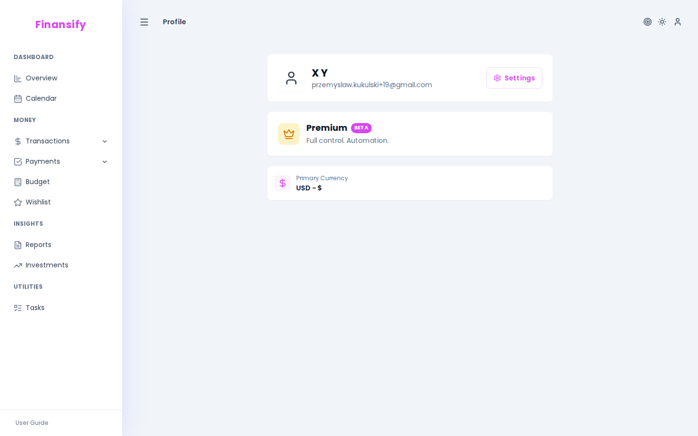 Profile page — card with name, email, subscription plan info (e.g., "Free — Free, forever"), primary currency, "Settings" button