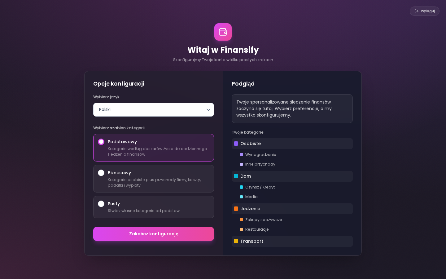 Pierwszy ekran kreatora powitalnego — powitanie z imieniem użytkownika