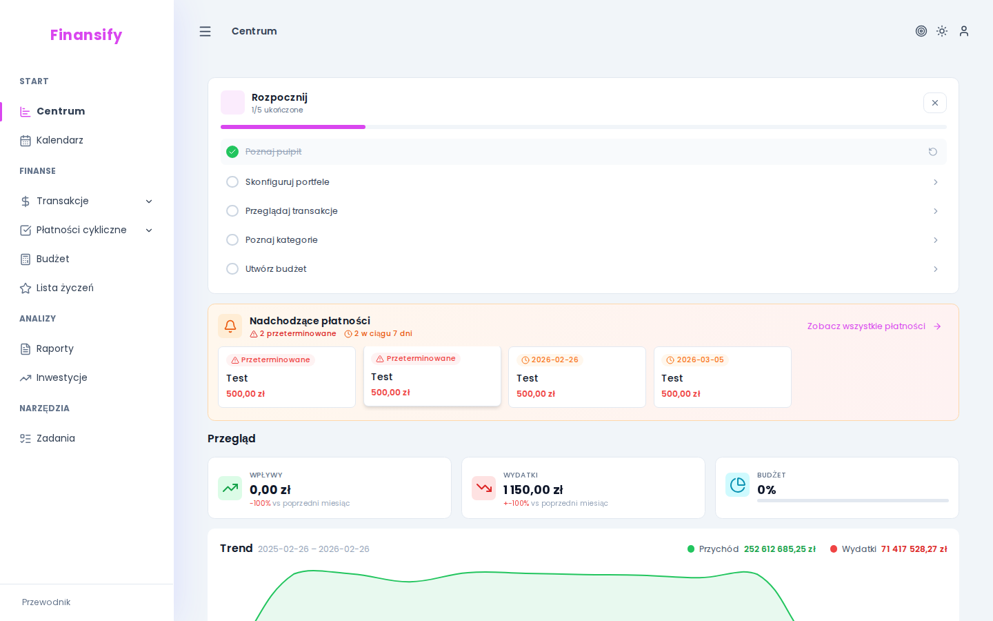 Podpowiedź przewodnika na dashboardzie — strzałka wskazuje element interfejsu, tekst wyjaśnia funkcję, przyciski "Dalej" i "Pomiń"