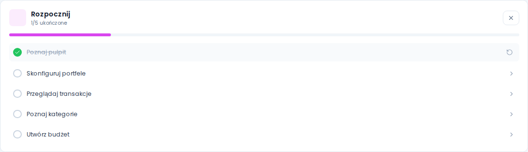 Widget checklisty onboardingowej na dashboardzie — 3 z 5 kroków ukończonych, pasek postępu, przycisk "Kontynuuj"