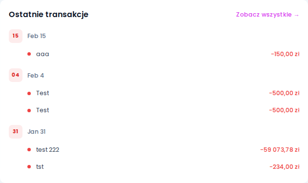 Widget "Ostatnie transakcje" — lista 5 transakcji z nazwami, kwotami i datami