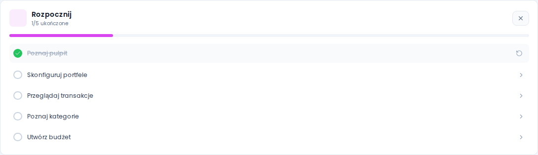 Widget checklisty — 3/5 kroków ukończonych, pasek postępu, przycisk "Kontynuuj"