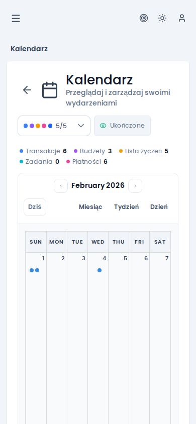 Widok kalendarza na telefonie — widok miesiąca z kolorowymi kropkami, popup z listą zdarzeń po kliknięciu dnia
