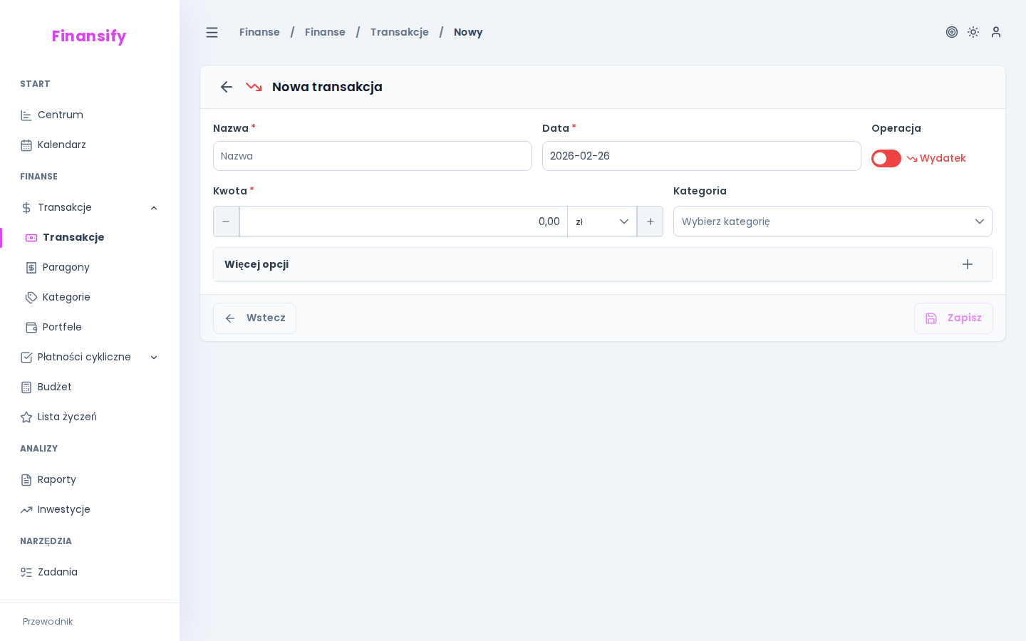 Formularz nowej transakcji — pola: nazwa, data z pickerem, toggle wydatek/wpływ, kwota z przyciskami +/-50 i wyborem waluty, dropdown kategorii