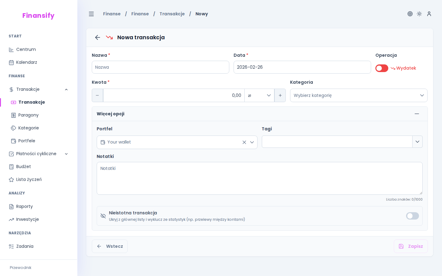 Rozwinięta sekcja "Więcej opcji" — pole portfela, tagi z kolorowymi chipami, pole notatek, toggle "Transakcja drobna"