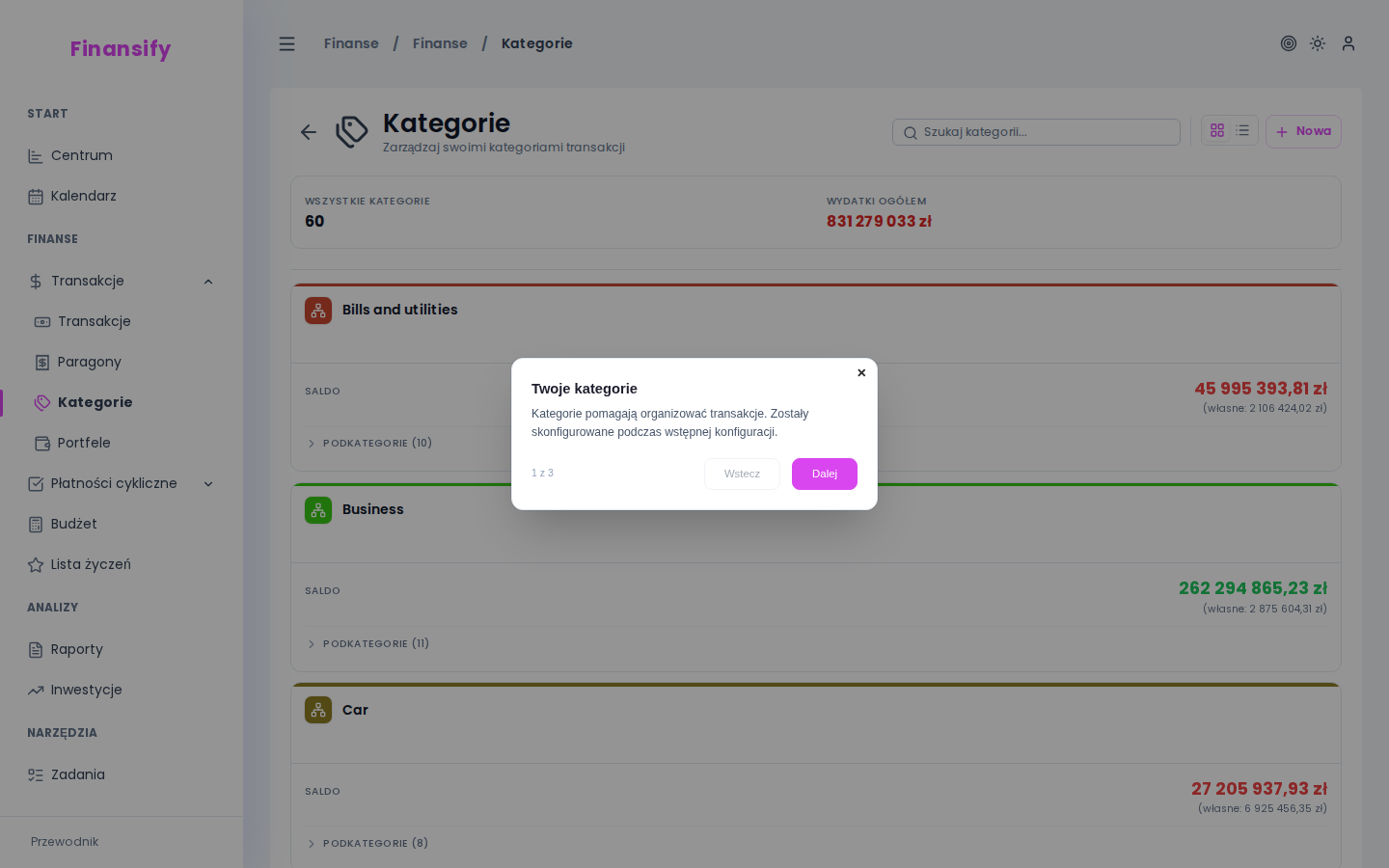 Widok kategorii jako drzewo/tabela — rozwinięte drzewko z kategoriami głównymi i podkategoriami, kolory ikon, przyciski edycji