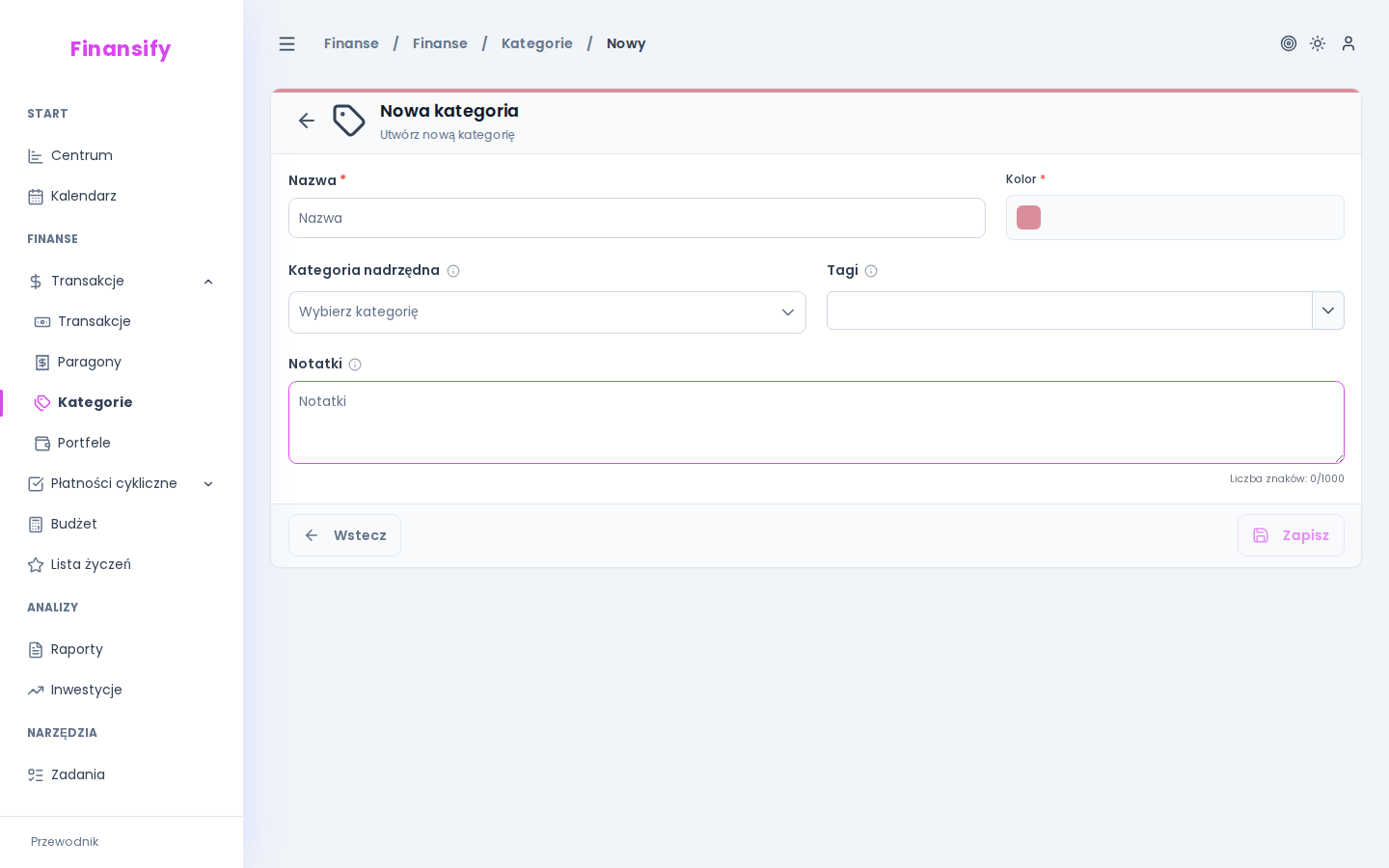 Formularz nowej kategorii — pole nazwy, kolor picker z paletą kolorów, dropdown "Kategoria nadrzędna"
