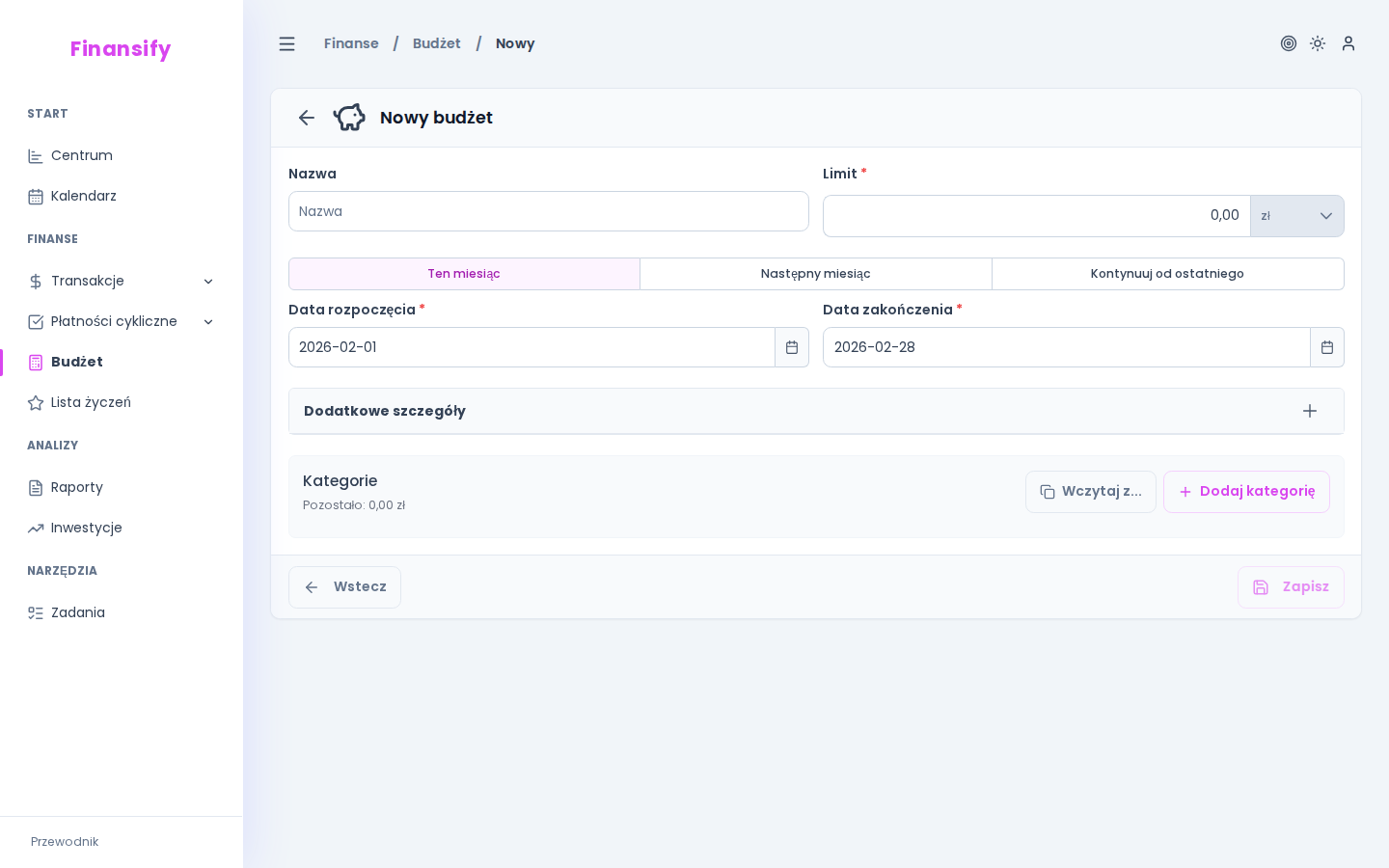 Formularz nowego budżetu — pole nazwy, kwota z walutą, presety dat "Ten miesiąc" / "Następny miesiąc" / "Kontynuuj", pickery daty start/koniec