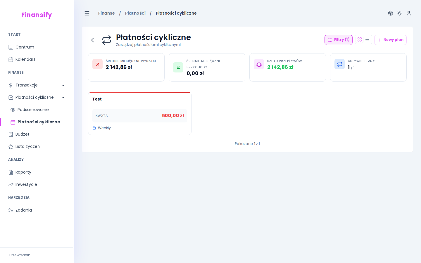 Lista szablonów płatności — karty: "Czynsz" (1500 zł, miesięcznie), "Netflix" (54,99 zł, miesięcznie), "Pensja" (8000 zł, wpływ, miesięcznie)