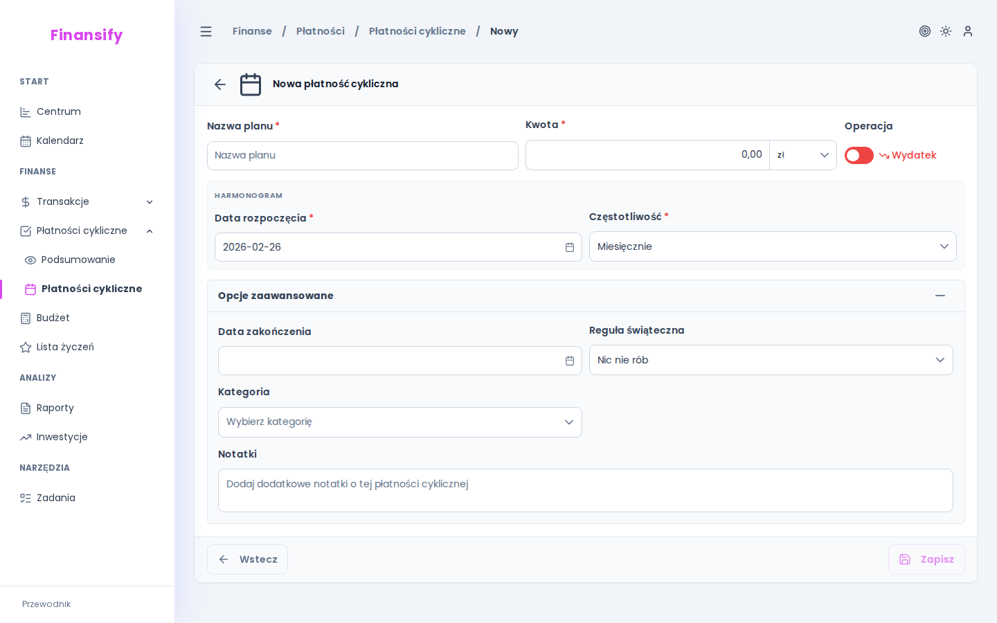 Formularz nowej płatności cyklicznej — pola: nazwa, kwota, toggle wydatek/wpływ, data start, dropdown częstotliwości. Rozwinięte opcje zaawansowane: data zakończenia, reguła świąteczna, kategoria