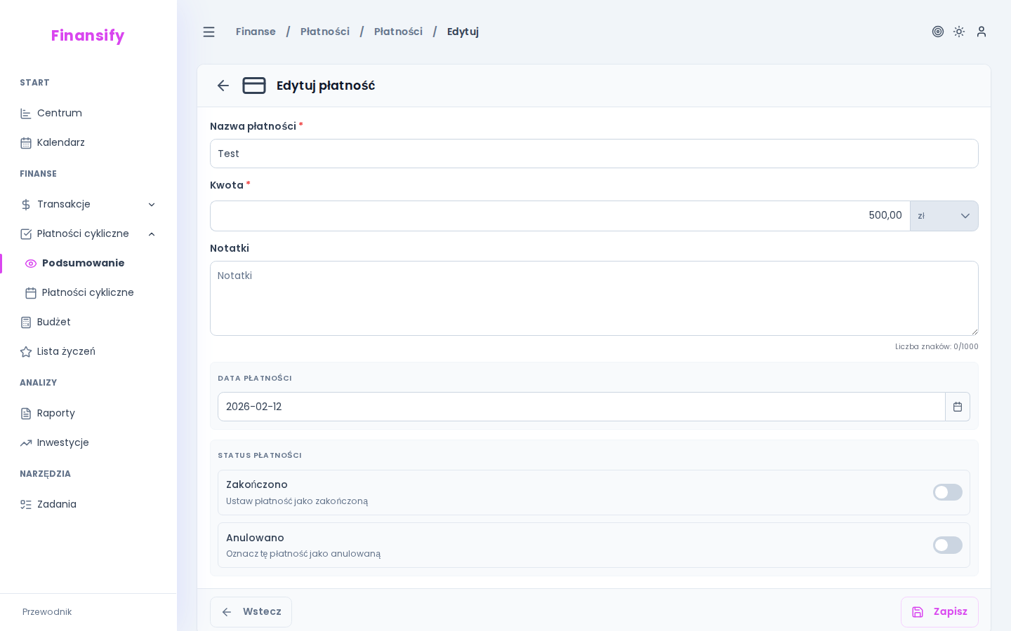 Formularz edycji płatności — toggle "Opłacona" włączony, sekcja powiązania z transakcją: wyszukiwarka transakcji, przycisk "Utwórz transakcję"