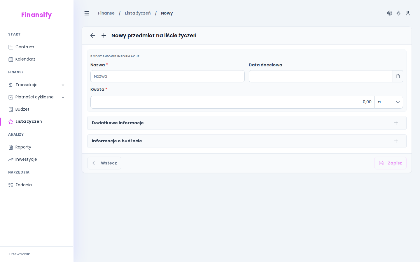 Formularz nowego elementu listy życzeń — pola: nazwa, kwota z walutą, data picker, dropdown budżetu, dropdown kategorii, pole URL, pole notatek
