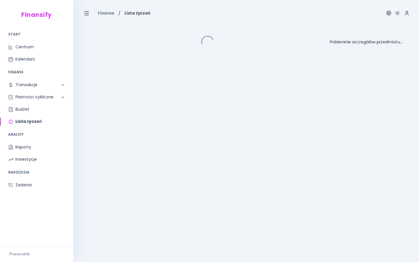 Formularz edycji — toggle "Kupione" włączony, data zakupu, powiązanie z transakcją (wyszukiwarka)