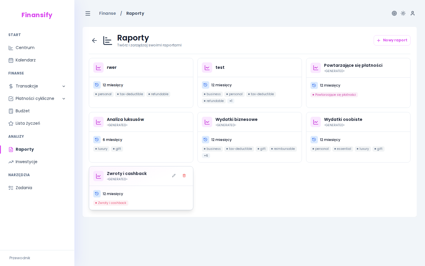 Lista raportów — 2–3 karty: "Koszty mieszkania" (12 mies., tagi: czynsz, media, internet), "Jedzenie na mieście" (6 mies., tagi: restauracje, fast-food). Przycisk "Nowy raport"