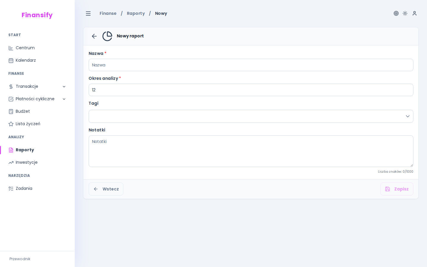 Formularz raportu — pole nazwy, notatki, suwak "Miesiące wstecz: 12", sekcja grup tagów: 3 grupy z kolorowymi chipami tagów, przycisk "Dodaj grupę"