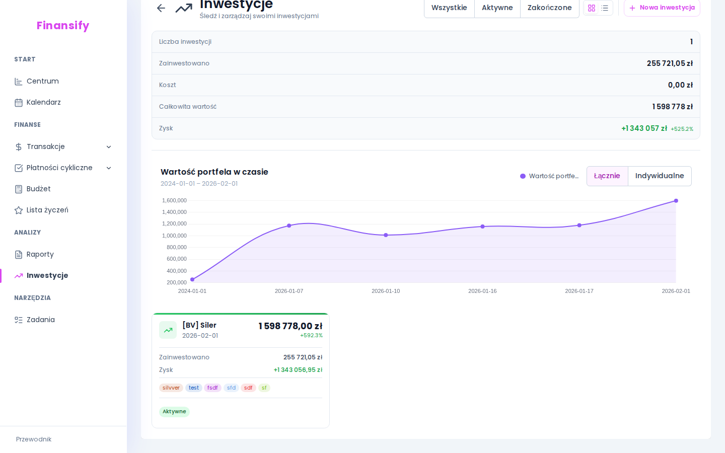 Karty inwestycji — "Lokata PKO" (aktywna, +1200 zł, +3.2%), "ETF S&P 500" (aktywna, +4000 zł, +15.7%), "Obligacje" (zamknięta, +500 zł, +2.1%)